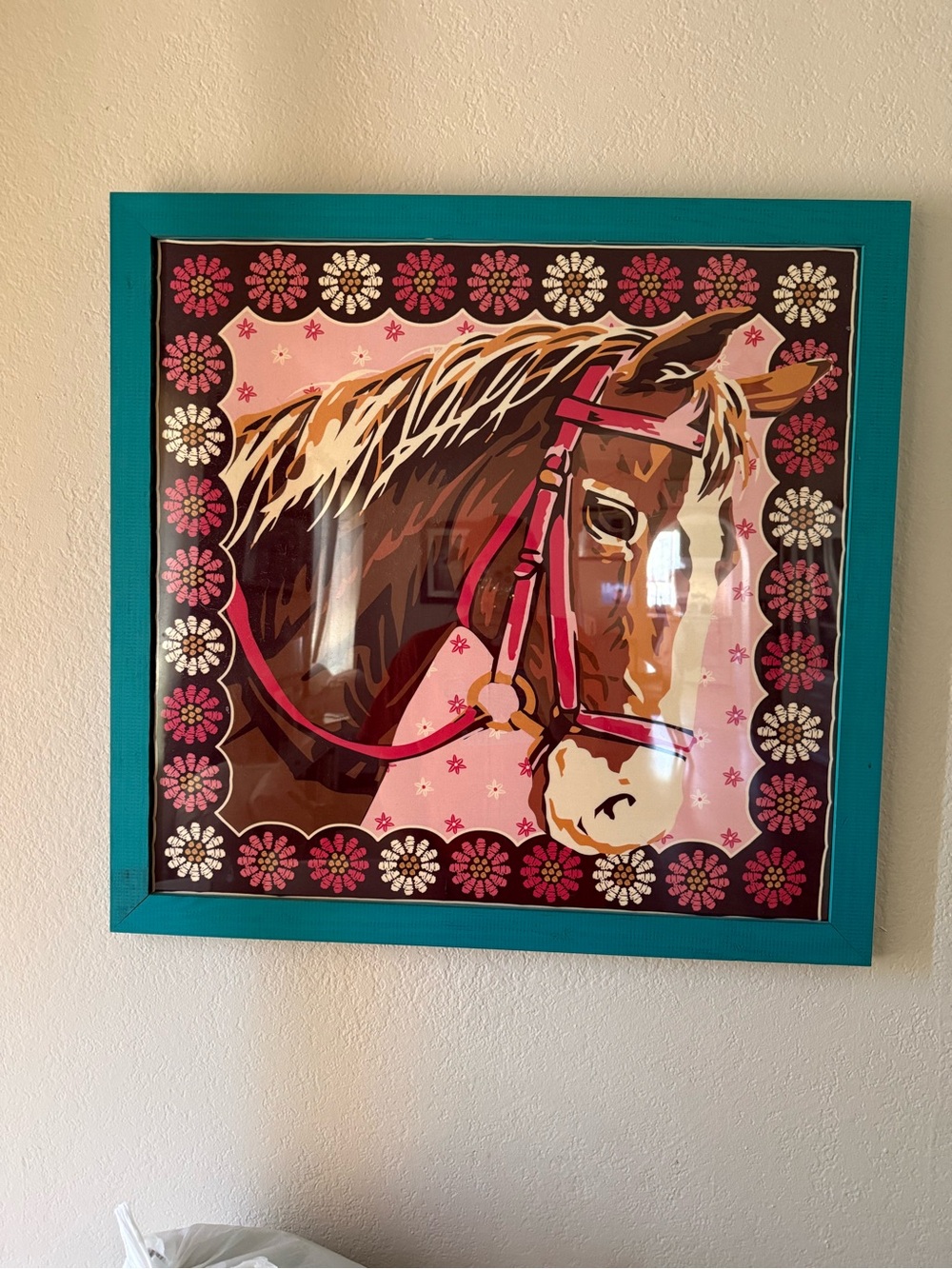Horse Portrait Wall Art in Teal Frame with Pink Accents